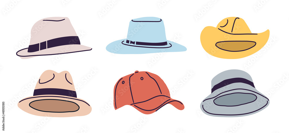Hats set. Cap. A hat with a brim. Baseball cap. Vector illustration in a flat style. Hats set. Cap. A hat with a brim. Baseball cap. Vector illustration in a flat style.