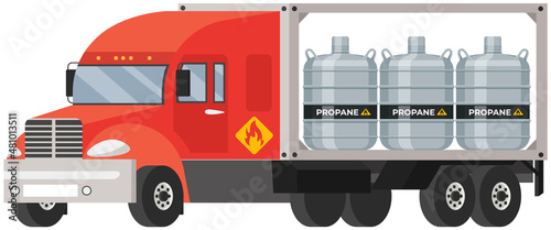 Transportation of gas cylinders, canisters with fuel. Metal tanks with liquefied compressed petroleum, propane. Pressurized gas cylinders inside truck. Flammable material delivery and logistics
