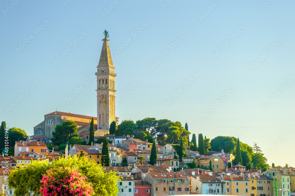 The Church or Basilica of St. Euphemia and traditional colourful houses in the Old Town of Rovinj or Rovigno on the hill in Croatia