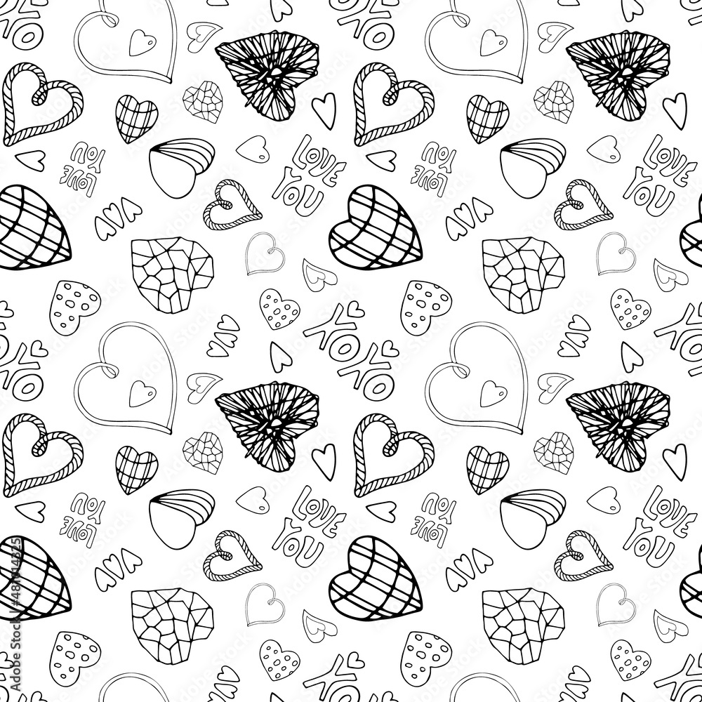 Vector seamless pattern ith doodle styled hearts and words.Romantic background for Valentines day.Black outlines on white background.Modern backdrop for textile,wrapping paper,decoration Vector seamless pattern ith doodle styled hearts and words.Romantic background for Valentines day.Black outlines on white background.Modern backdrop for textile,wrapping paper,decoration