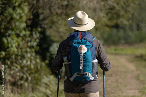 Fotografia View from behind of a pilgrim walking on his way to Santiago de Compostela on a rural way