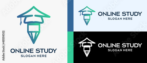online study logo design template, pen or pencil icon and graduation cap in line art style. simple and cool education logo illustration vector