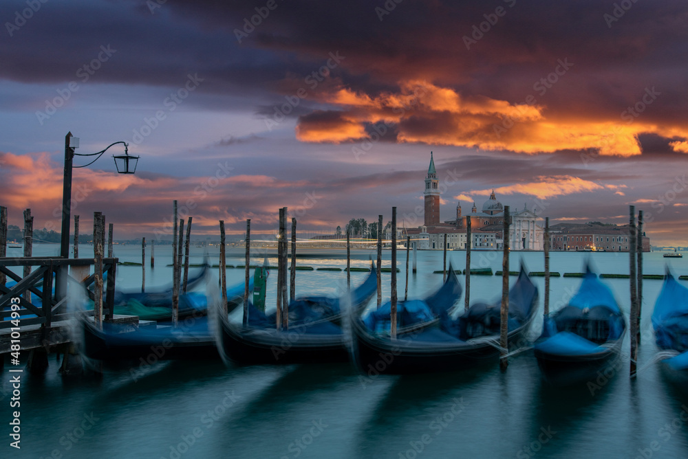 Moored Gondolas during High Tide at St Marks Square in the morning