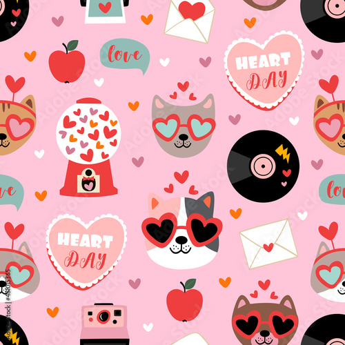 valentine seamless pattern with cute cats and love elements