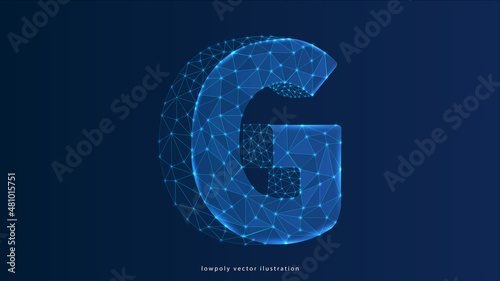 Alphabet letter G. Design of an Uppercase letter. Banner, template or a pattern. Abstract digital wireframe, low poly mesh, vector blue neon 3d illustration. Triangle, line dot

