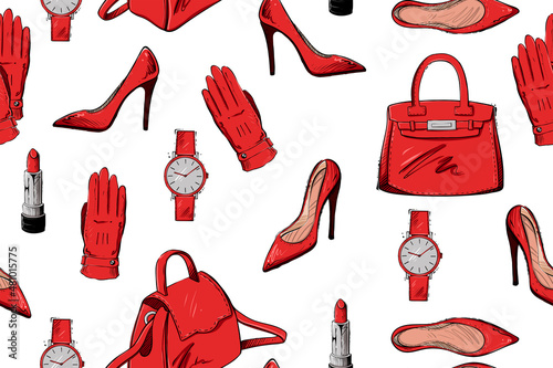 Seamless pattern of woman accessories, color vector