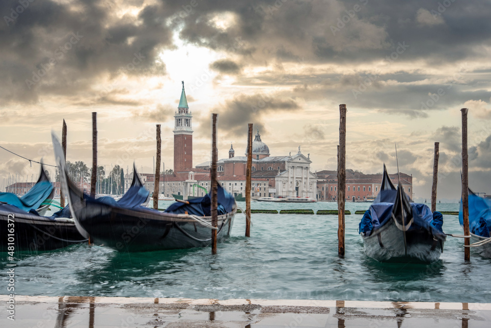 Moored Gondolas during High Tide at the St Marks Square