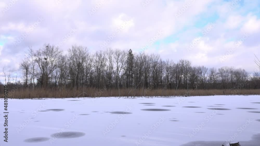 Ice-covered river and bank with tree silhouettes, winter landscape. Ice-covered river and bank with tree silhouettes, winter landscape.