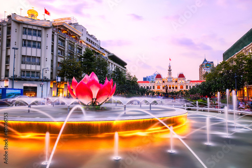 Fountain with People's Committee of Ho Chi Minh City in the Background at Dusk photo