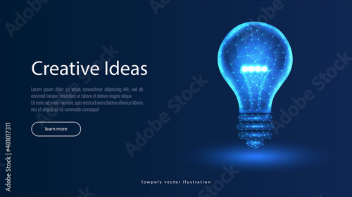creative ideas . Low polygonal Lamp. Lightbulb low poly design with connecting dots. Idea with geometry triangle. Abstract lamp bulb mash line. Internet technology icon network concept. Vector ill
