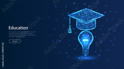 light bulb with graduation cap low poly wireframe. concept of learning and education. idea knowledge lamp symbol. isolated on blue dark background. vector illustration digital futuristic style.
