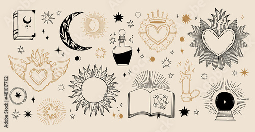 Modern hand drawn vector illustrations with magic symbols, crescent moon, sun, magic ball and books. Perfect for cards, embroidery, covers, prints