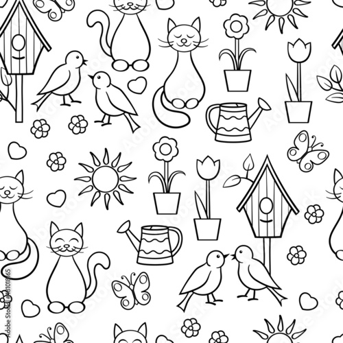 Seamless pattern with spring time, coloring page