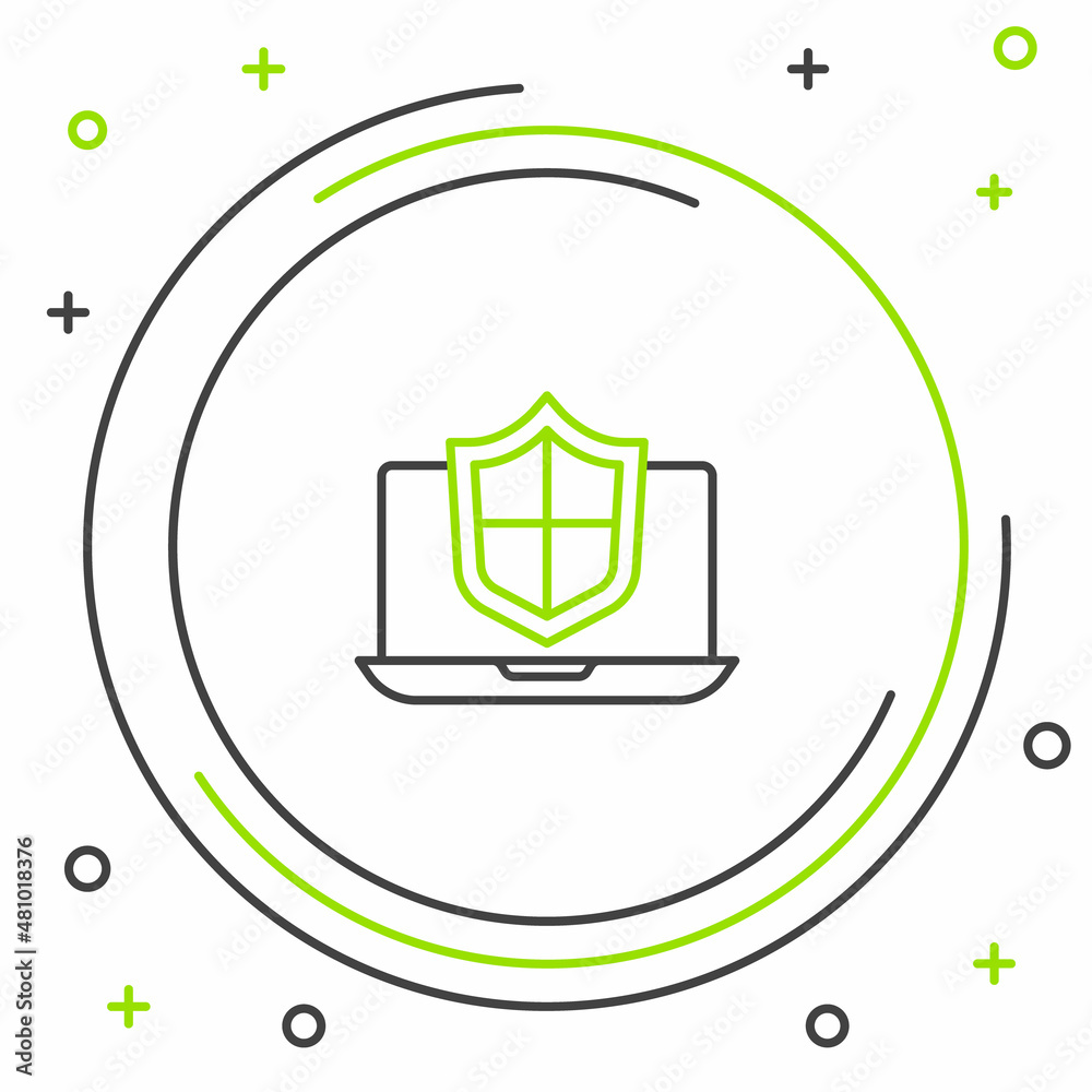 Line Laptop protected with shield icon isolated on white background. PC security, firewall technology, privacy safety. Colorful outline concept. Vector Line Laptop protected with shield icon isolated on white background. PC security, firewall technology, privacy safety. Colorful outline concept. Vector