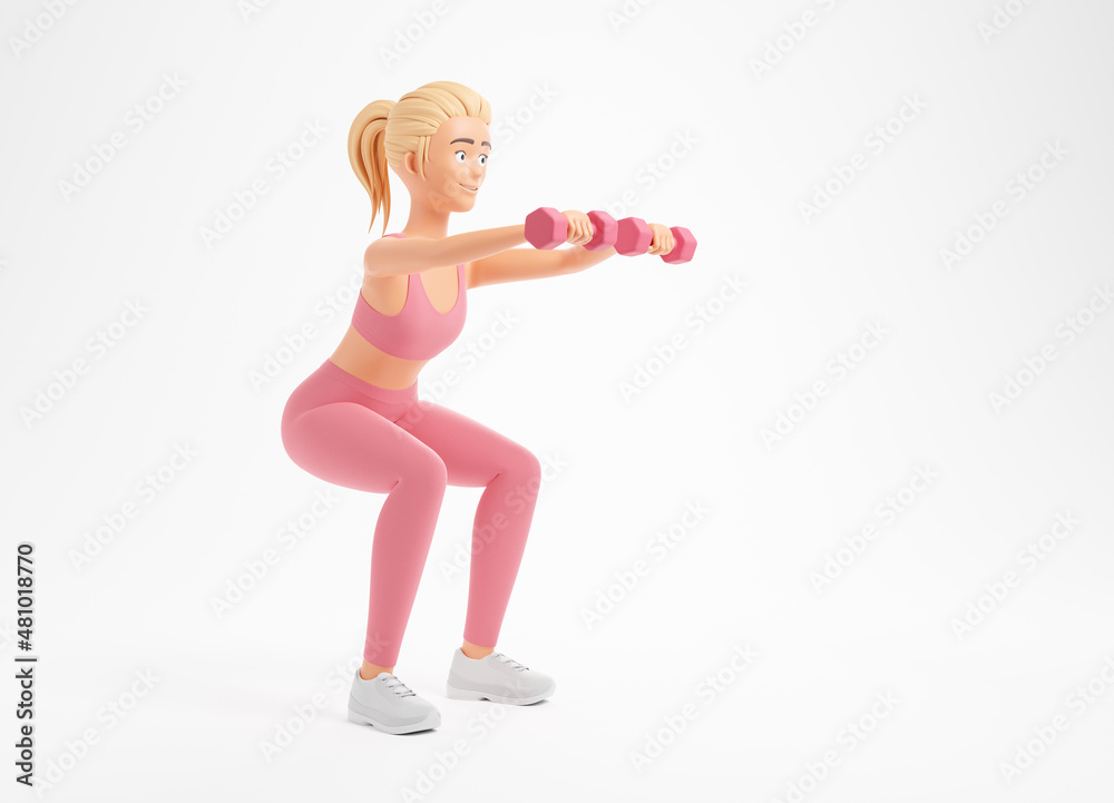 Beautiful blonde cartoon character woman in pink sportswear doing squats with dumbbells isolated over white background. Beautiful blonde cartoon character woman in pink sportswear doing squats with dumbbells isolated over white background.
