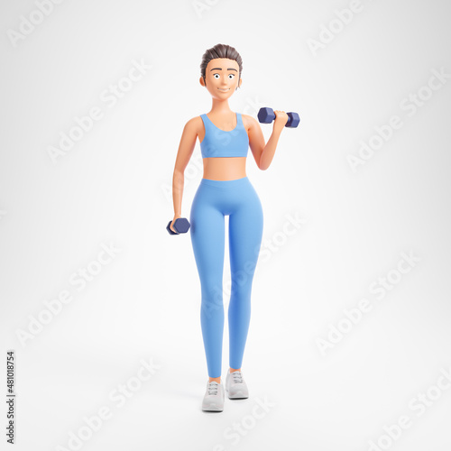 Beautiful cartoon character woman blue sportswear woman doing exercises with dumbbells isolated over white background.