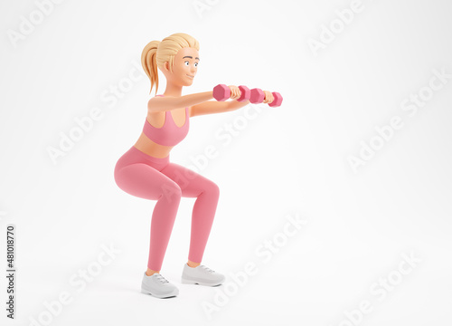 Beautiful blonde cartoon character woman in pink sportswear doing squats with dumbbells isolated over white background.