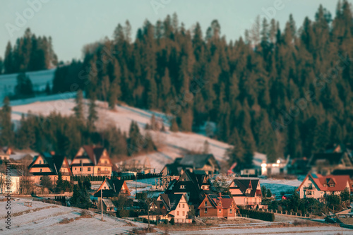 Aerial winter view of Bialka Tatrzanska ski village.