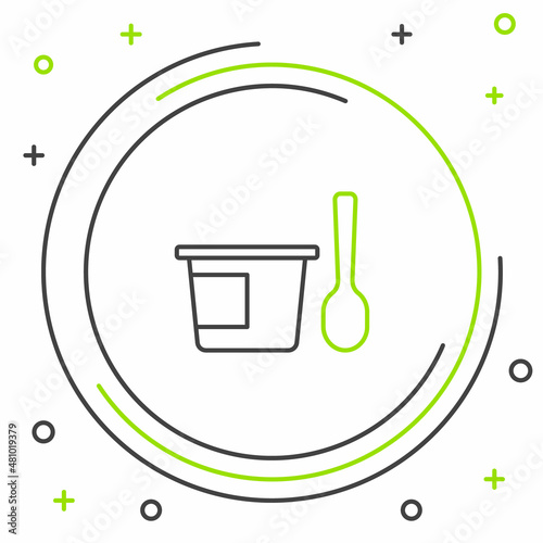 Line Yogurt container with spoon icon isolated on white background. Yogurt in plastic cup. Colorful outline concept. Vector