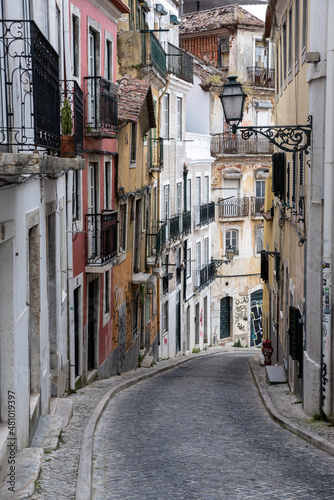 Traditional neighbourhood street building architecture in Lisbon Portugal