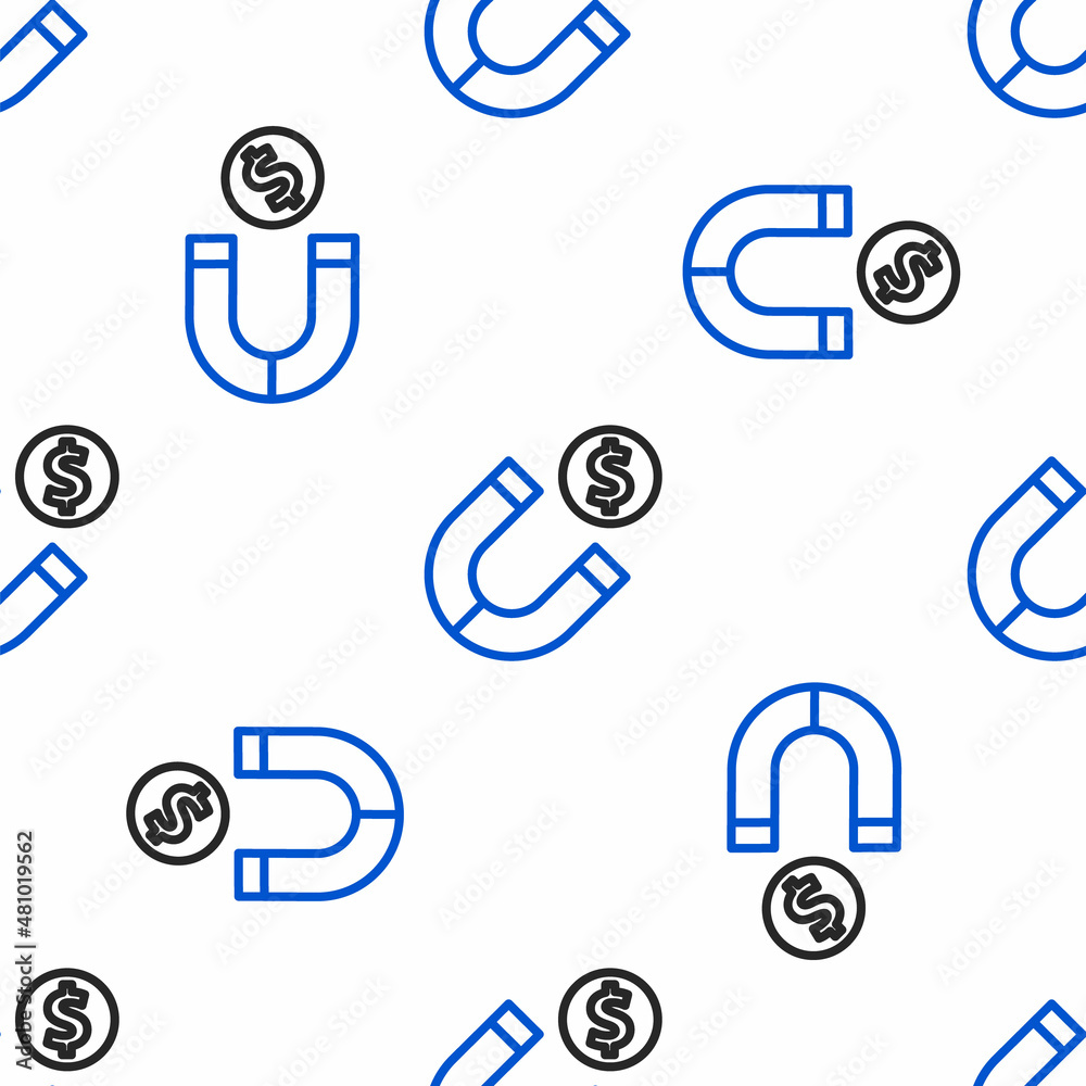 Line Magnet with money icon isolated seamless pattern on white background. Concept of attracting investments. Big business profit attraction and success. Colorful outline concept. Vector Line Magnet with money icon isolated seamless pattern on white background. Concept of attracting investments. Big business profit attraction and success. Colorful outline concept. Vector