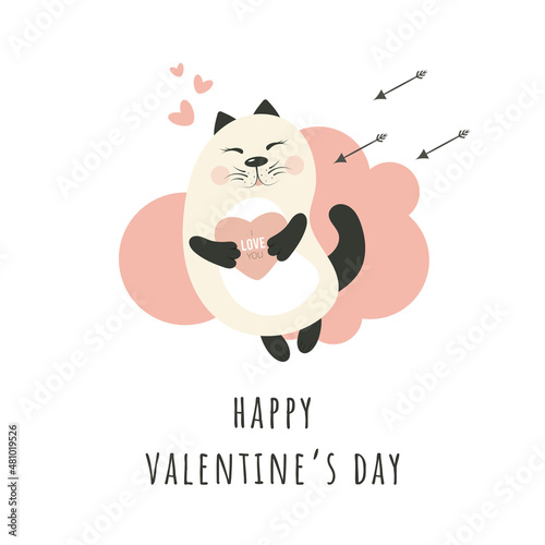 Cat with a heart on the background of a cloud. Vector illustration for Valentine's Day.