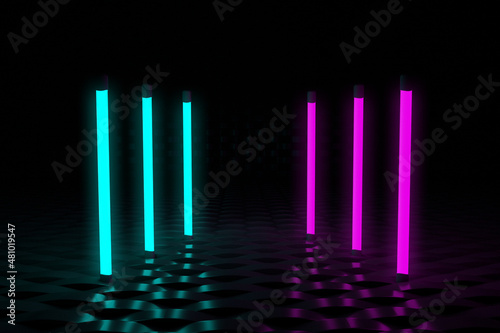 Multicolor fluorescent lamps on a dark wall. Electric tube of neon color. Abstract background. Night party. Glowing decoration. Neon effect. Ultraviolet light. 3d render