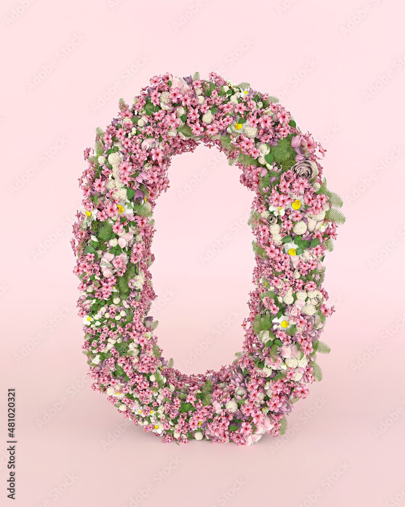 Creative number 0 zero concept made of fresh Spring wedding flowers. Flower font concept on pastel pink background.