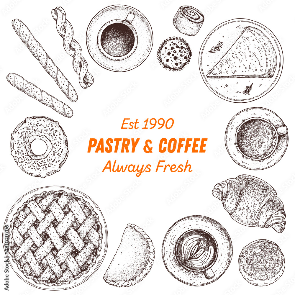 Pastry and coffee. Coffee house menu. Illustration of different baked goods. Hand drawn vector illustration. Bakery sketch. Background template for design. Engraved food image. Top view.