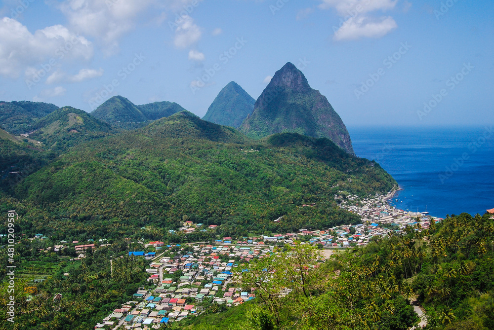 The Pitons of St Lucia, Soufriere below