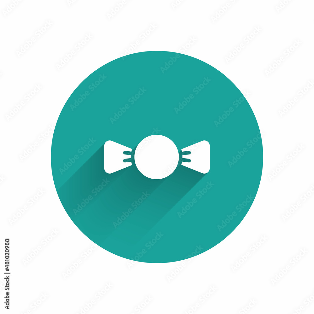 White Bow tie icon isolated with long shadow. Green circle button. Vector White Bow tie icon isolated with long shadow. Green circle button. Vector