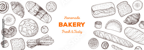 Illustration of different baked goods. Hand drawn vector illustration. Bakery sketch. Background template for design. Engraved food image. Hand drawn sketch with bread, pastry, sweet.