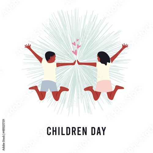 Boy and a girl happily jump together. Vector illustration for the Children Day.
