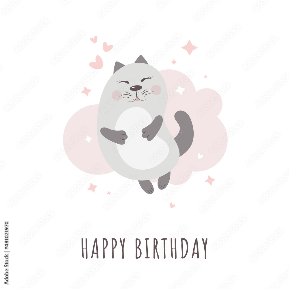 Birthday greeting card. Cute cat on a cloud background decorated with stars and hearts. Birthday greeting card. Cute cat on a cloud background decorated with stars and hearts.