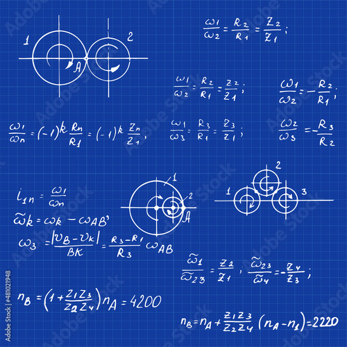 Rotation. Physical symbols with equations, drawings, diagrams, graphs and other calculations on the drawings. Handwritten vector illustration. Technological background.