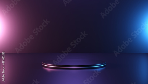 Abstract minimal scene with geometric forms. roller podium on neon background. product presentation, mock up, product show, podium, stage pedestal or platform. 3d rendering