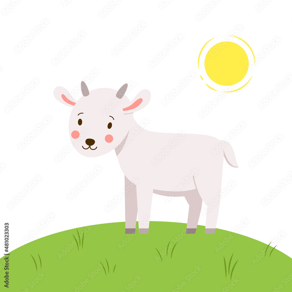 Naklejka premium Baby goat standing on a green meadow. Cute vector illustration