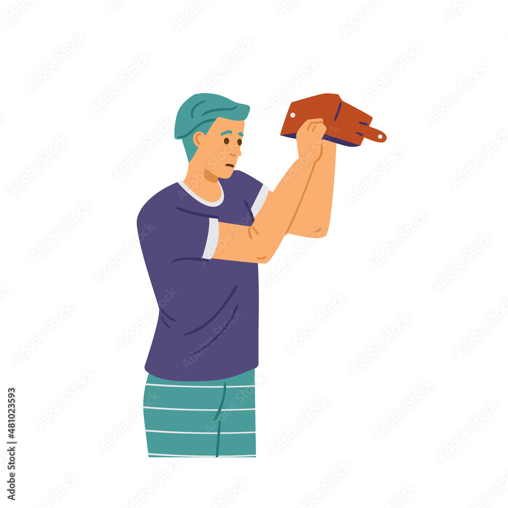 Broke man holds empty wallet with no money, flat vector illustration isolated.