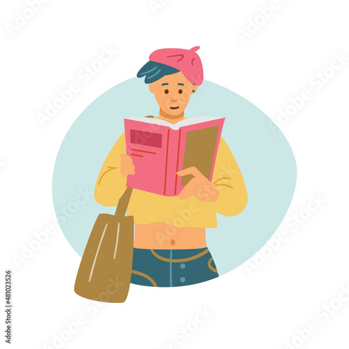 Woman student with book or magazine reading, flat vector illustration isolated.