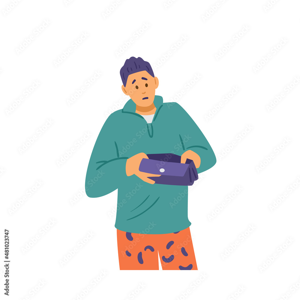 Broke upset man checks empty wallet for cash, flat vector illustration isolated.