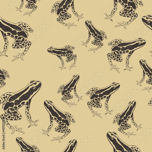 Seamless animal pattern with tropical poison dart frogs. Hand drawn sketches. Black silhouettes on yellow background. Ranitomeya Amazonica (Dendrobatidae)