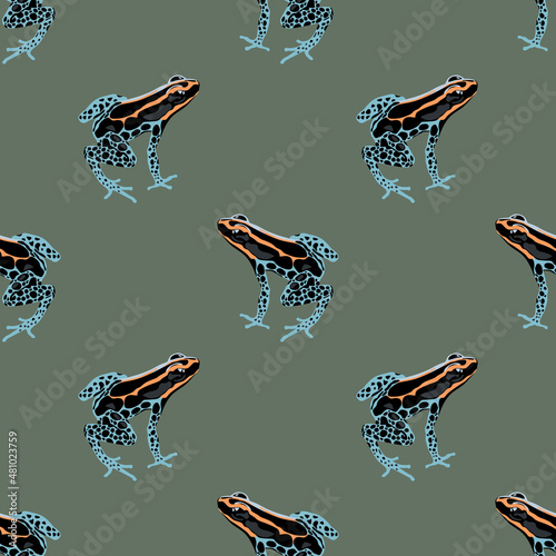Seamless animal pattern with tropical poison dart frogs.  Ranitomeya Amazonica (Dendrobatidae)