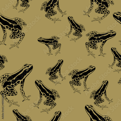 Seamless animal pattern with tropical poison dart frogs. Hand drawn sketches. Black silhouettes on gold background. Ranitomeya Amazonica (Dendrobatidae)