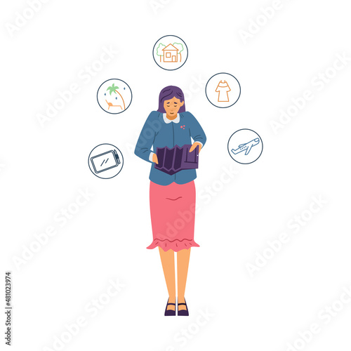 Woman with empty wallet has budget deficit, flat vector illustration isolated.