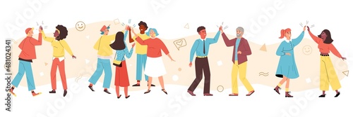 Cheerful people give each other high five, concept of friendship and togetherness - flat vector illustration on white.
