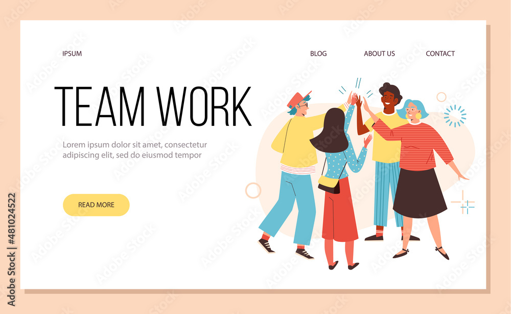 Team of cheerful colleagues high five each other - landing page template in flat style, vector illustration.