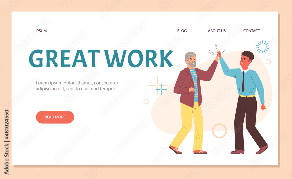 Colleagues men clap hands and congratulate each other with great work - landing page flat vector illustration. Colleagues men clap hands and congratulate each other with great work - landing page flat vector illustration.