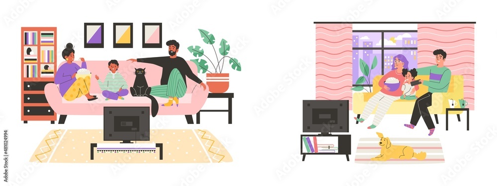 Happy family relaxing on couch watching TV, flat vector illustration isolated. Happy family relaxing on couch watching TV, flat vector illustration isolated.