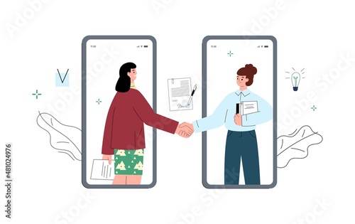 Business women cooperate with each other through the phone, flat vector illustration on white background.