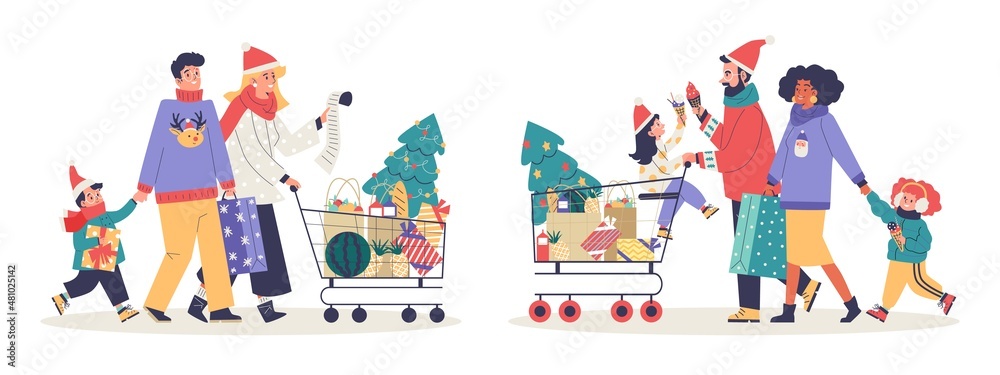 Family Christmas chores and holiday shopping, flat vector illustration isolated.